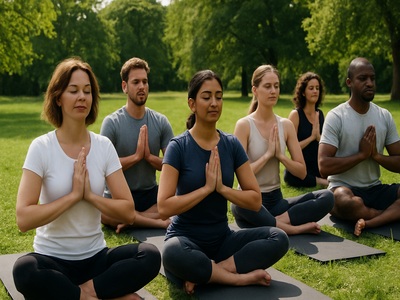 Grupo haciendo yoga al aire libre